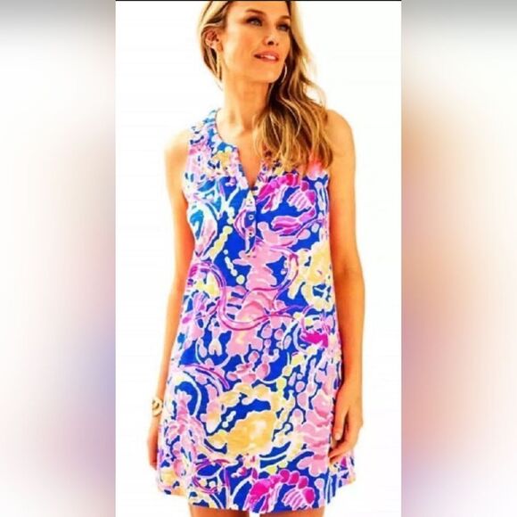 Lilly Pulitzer Essie Dress Shift Brilliant Blue Catch Release Pink Cotton size S - Picture 1 of 7